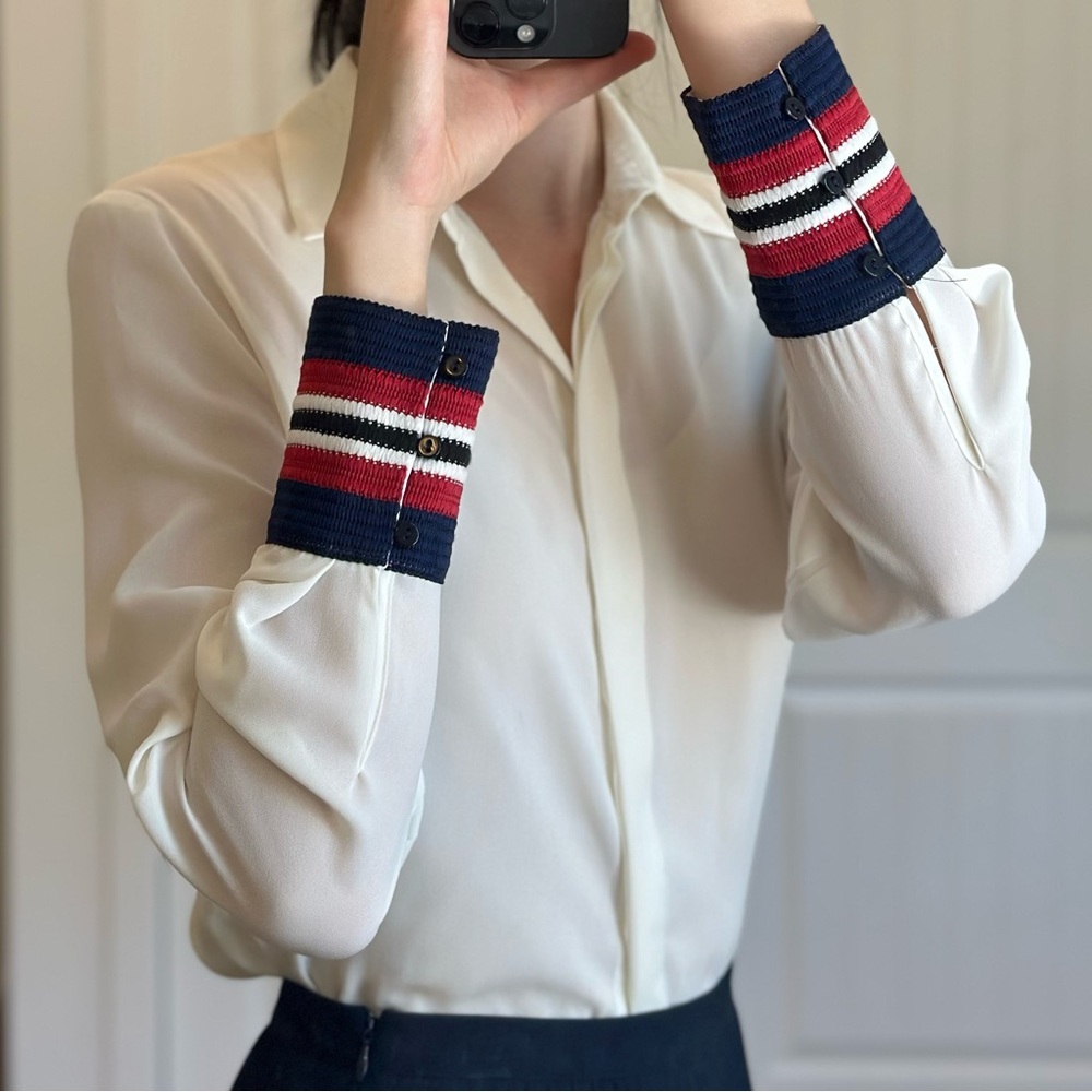 Zara See-through blouse with Navy and Red Cuffs holiday party colors